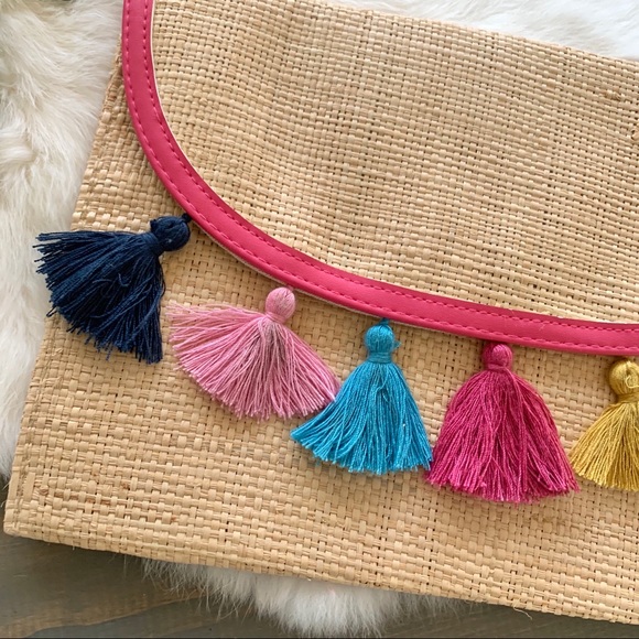 Boho Straw Clutch Purse Multicolored Tassels - Picture 2 of 6